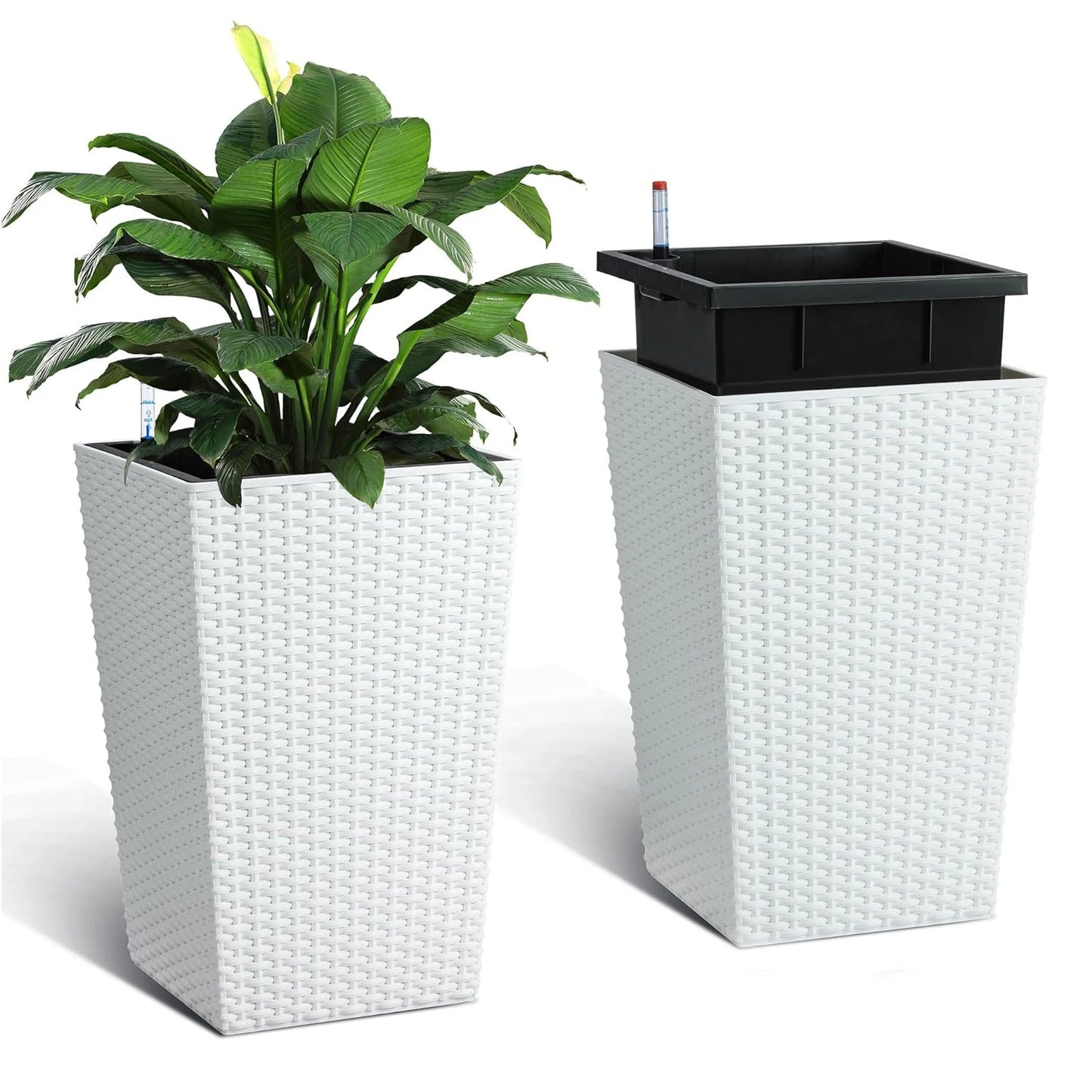 16inch/22.5inch Tall Rattan Planter Set of 2 Outdoor and Indoor Plant Pots with Water Level Monitor & Wheels, Large Flower Pot