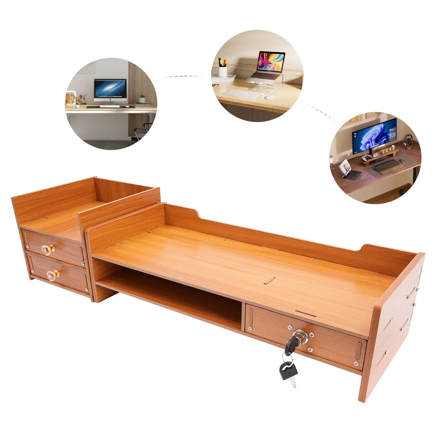 Wood Monitor Stand Riser 2-Tier Drawer for PC Desk Ergonomic