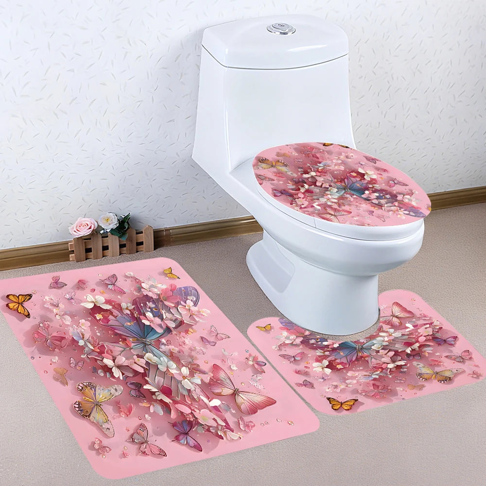 Butterfly Themed Four Piece Waterproof Bathroom Set Shower Curtain