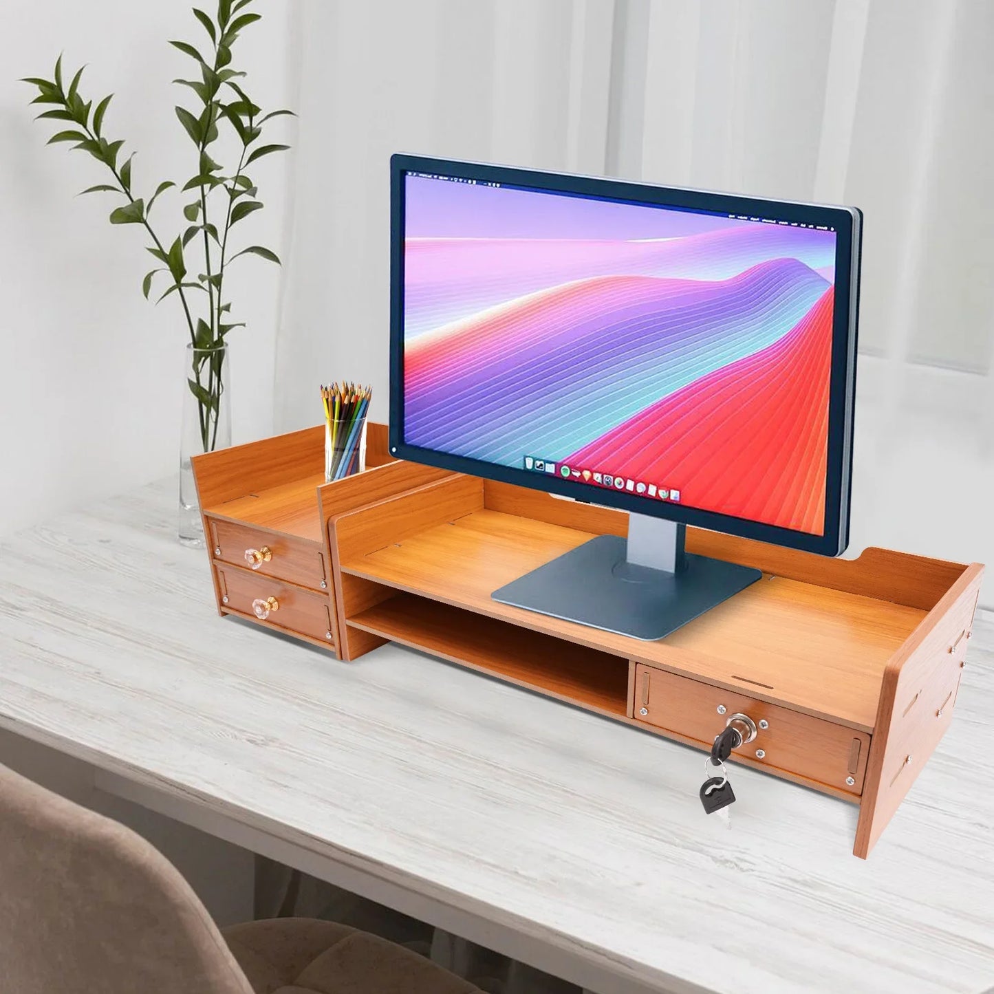 Wood Monitor Stand Riser 2-Tier Drawer for PC Desk Ergonomic