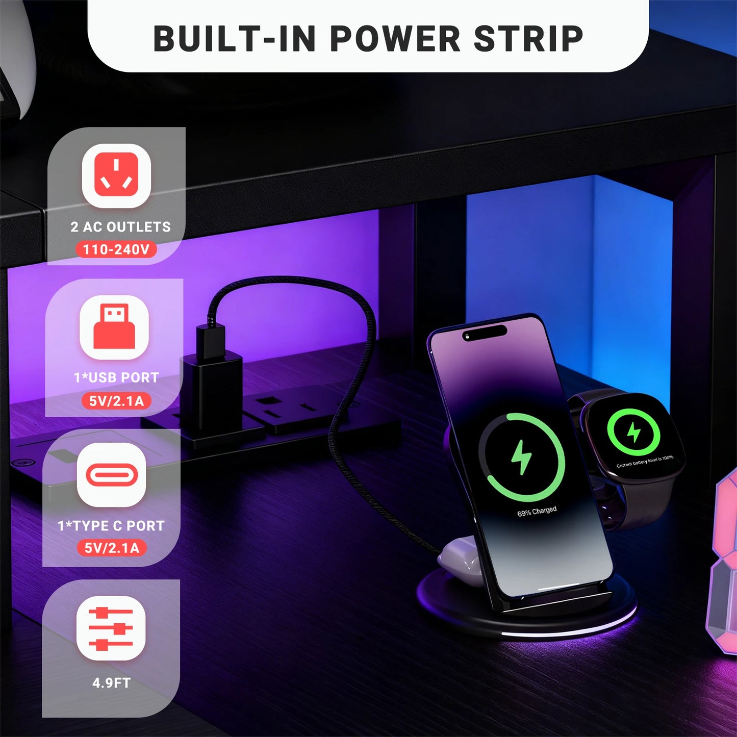 JHK L Shaped Gaming Desk With USB And LED Lighting