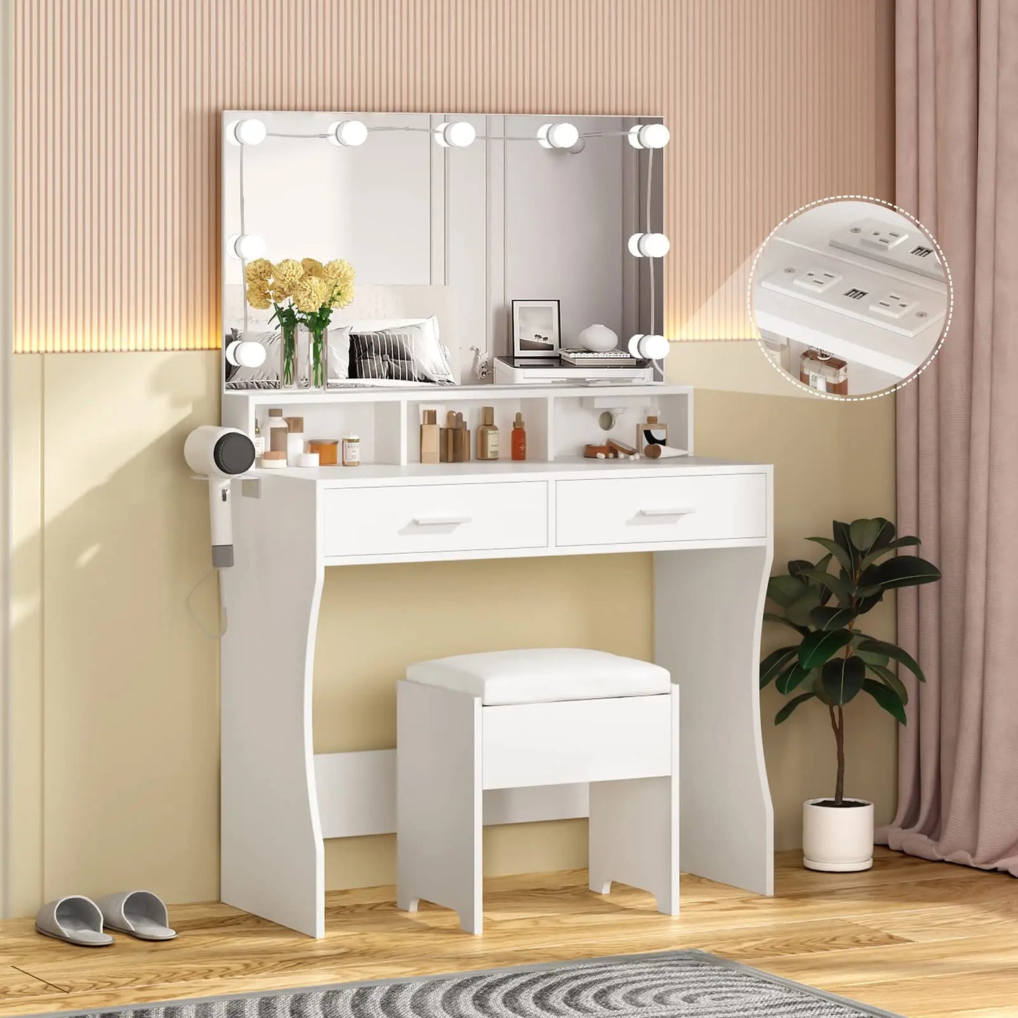 Vabches Vanity Desk With Lights Mirror And Power Outlet 2Drawer