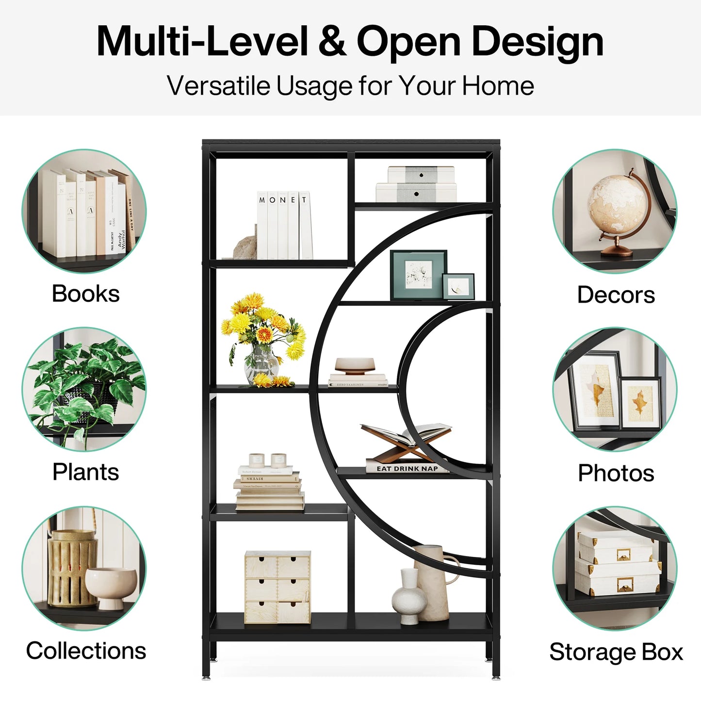 Tribesigns 5 Tier Industrial Bookshelf Etagere Freestanding Bookcase