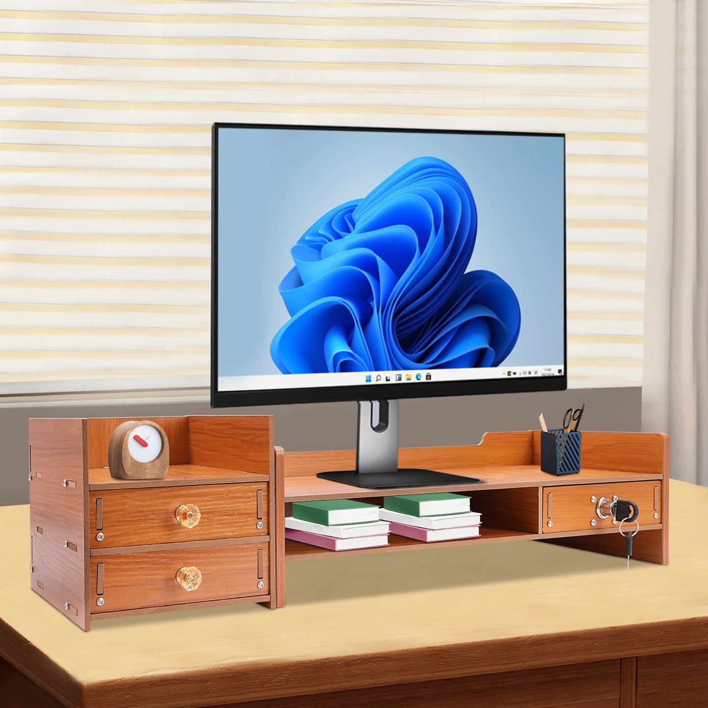Wood Monitor Stand Riser 2-Tier Drawer for PC Desk Ergonomic