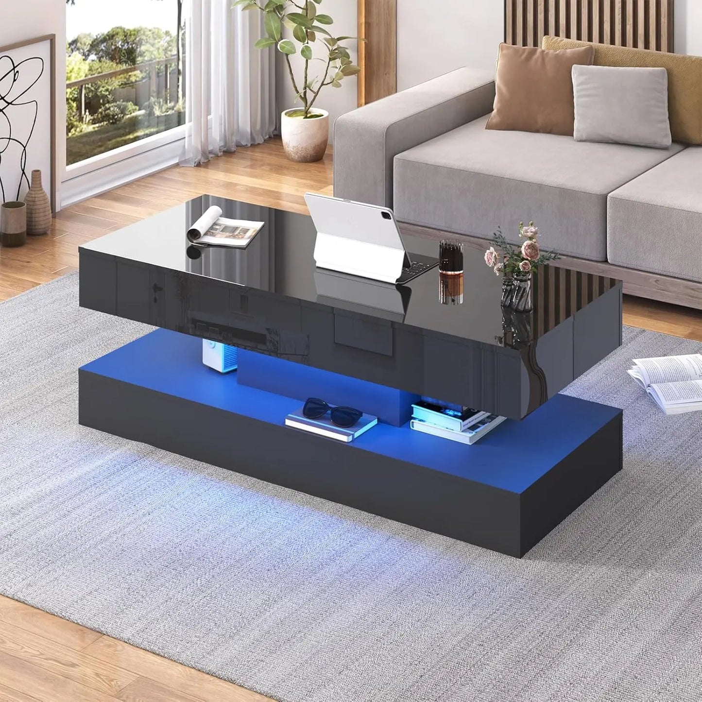 QiaoShiRen Modern LED Coffee Table With Double Drawers