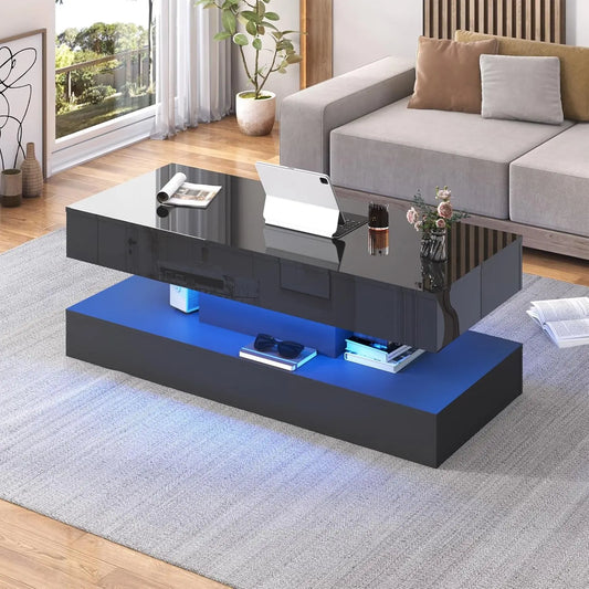 QiaoShiRen Modern LED Coffee Table With Double Drawers
