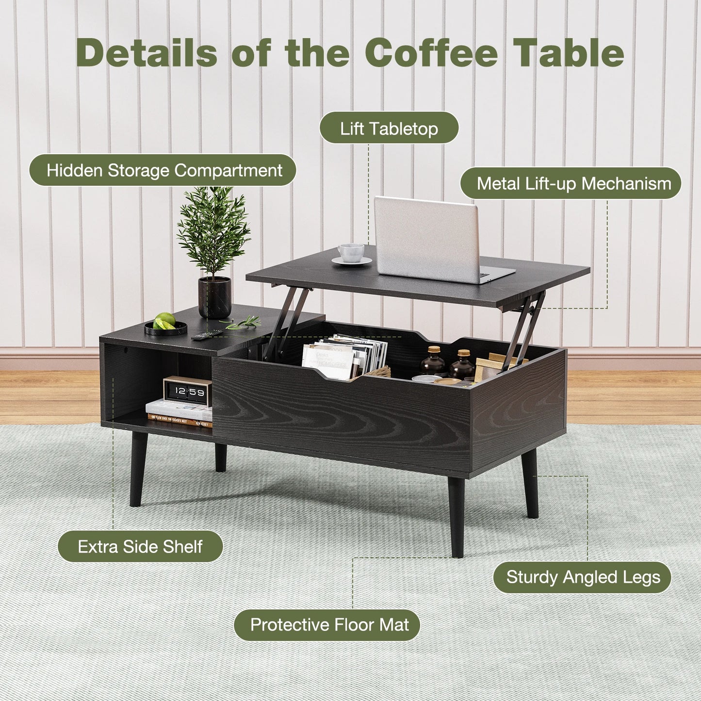 JHK Lift Top Coffee Table With Storage For Living Room