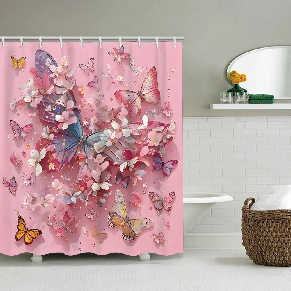 Butterfly Themed Four Piece Waterproof Bathroom Set Shower Curtain
