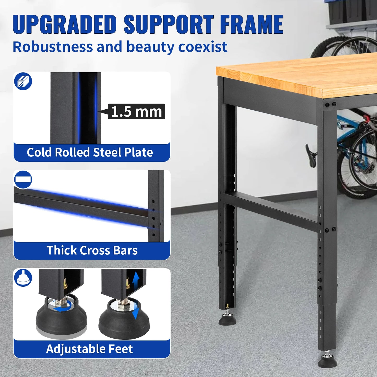 Woodworking Workbench with Adjustable Height Oak Top and Frame