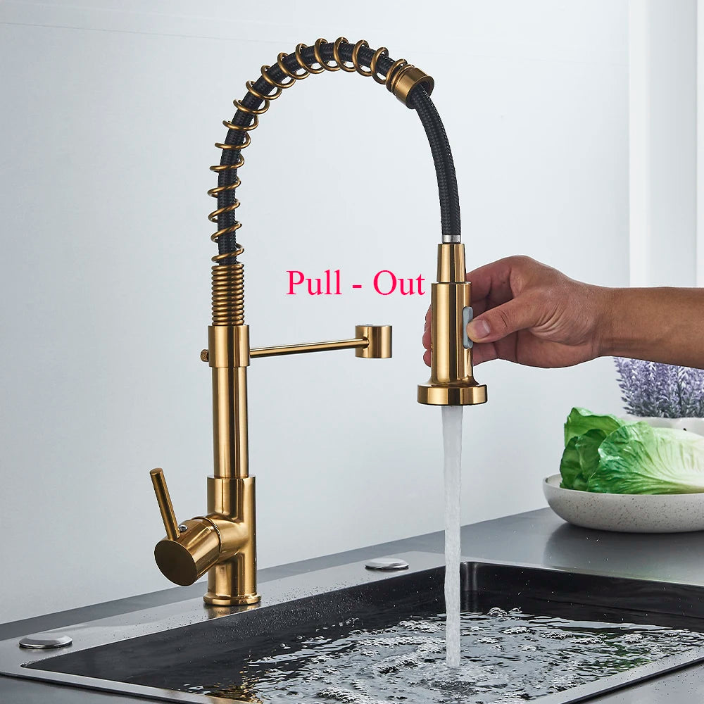 SAFLIHCAR Brushed Finish Pull Down Deck Mounted Kitchen Faucet Hot Cold