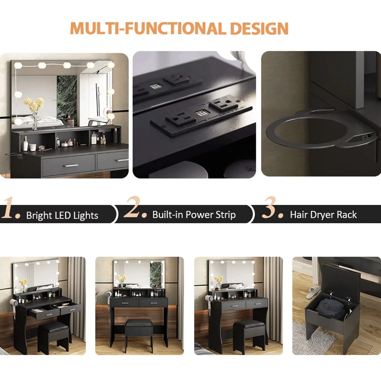 Vabches Vanity Desk With Lights Mirror And Power Outlet 2Drawer