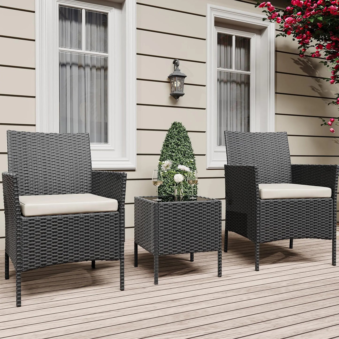 3-Piece Wicker Patio Sofa Set, All-Weather Rattan Conversation Set With Cushions & Glass Coffee Table For Garden, Porch, Lawn