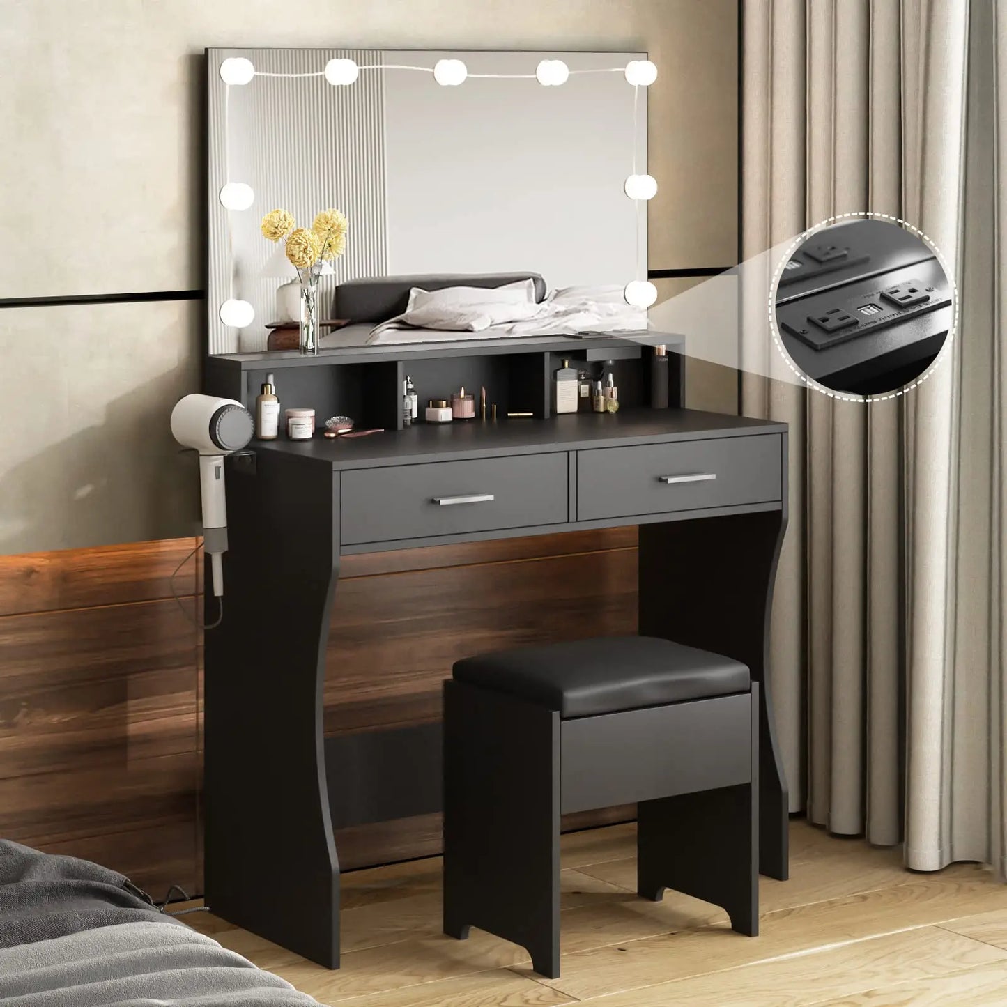Vabches Vanity Desk With Lights Mirror And Power Outlet 2Drawer