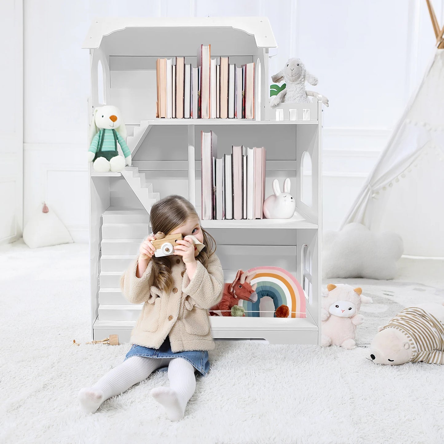 Wooden Dollhouse Bookshelf 3 Tier Toy Storage Organizer For Kids
