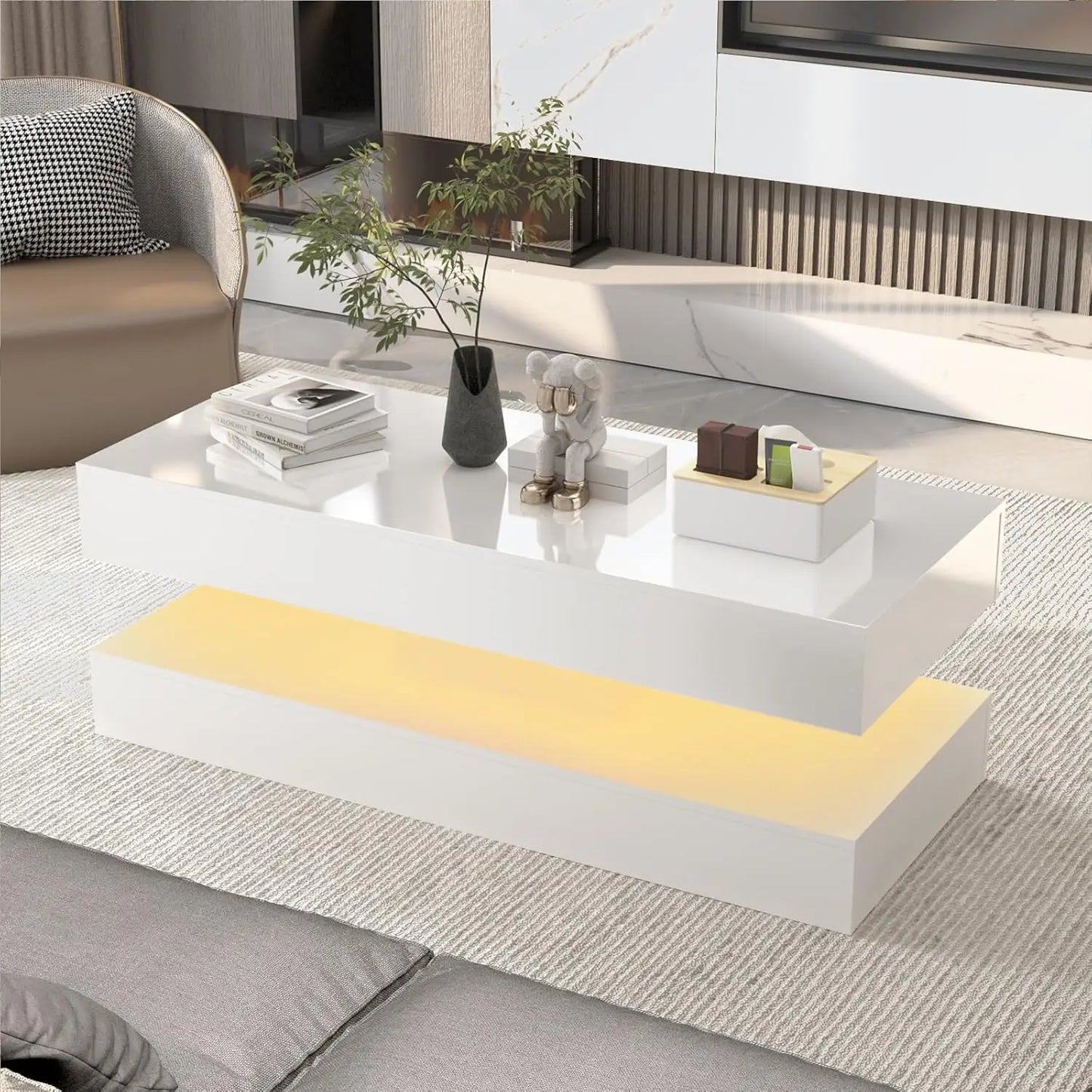 QiaoShiRen Modern LED Coffee Table With Double Drawers