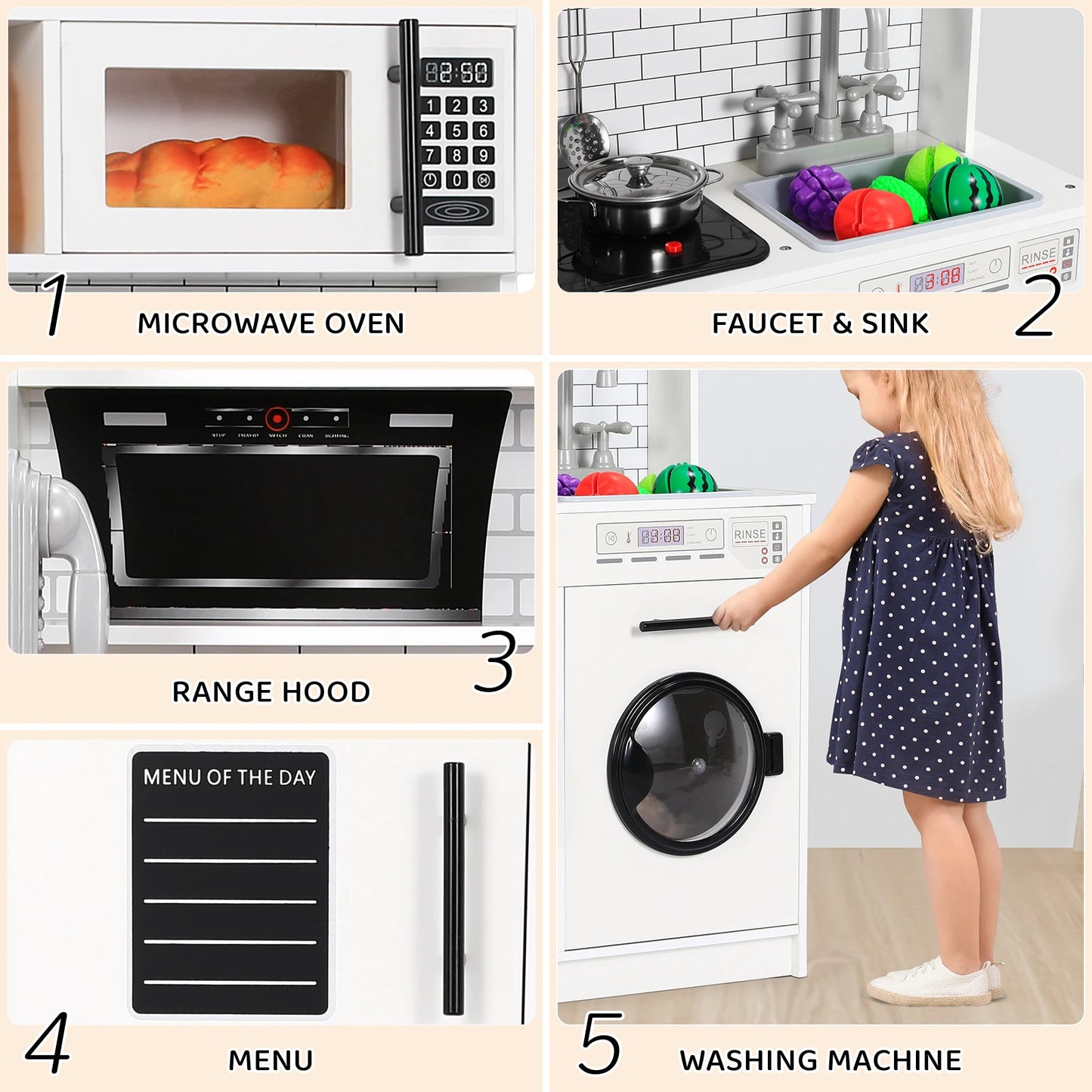 Wooden Kitchen Pretend Playset For Kids With Cookware