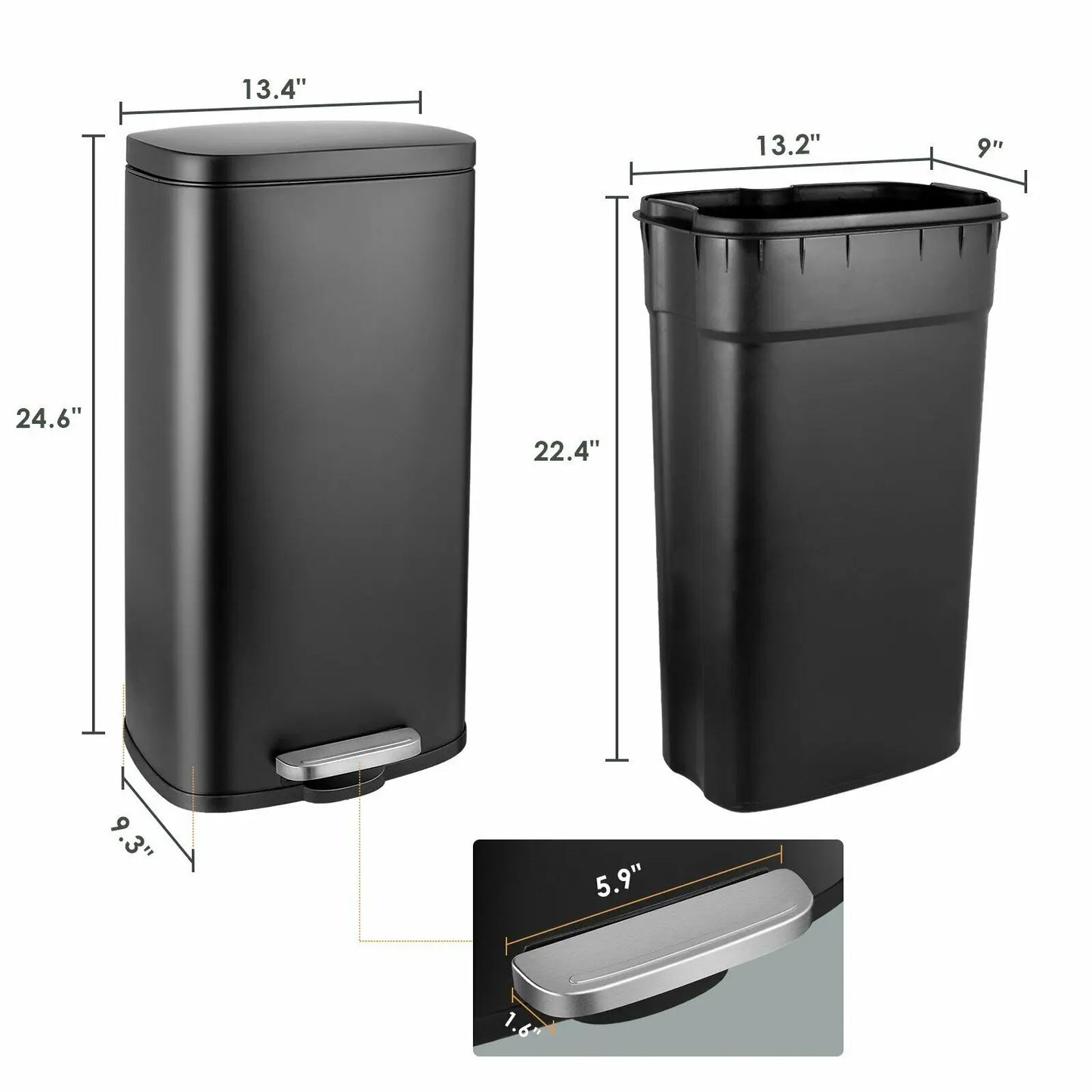 Rectangular Trash Can With Soft Close Pedal Stainless Steel