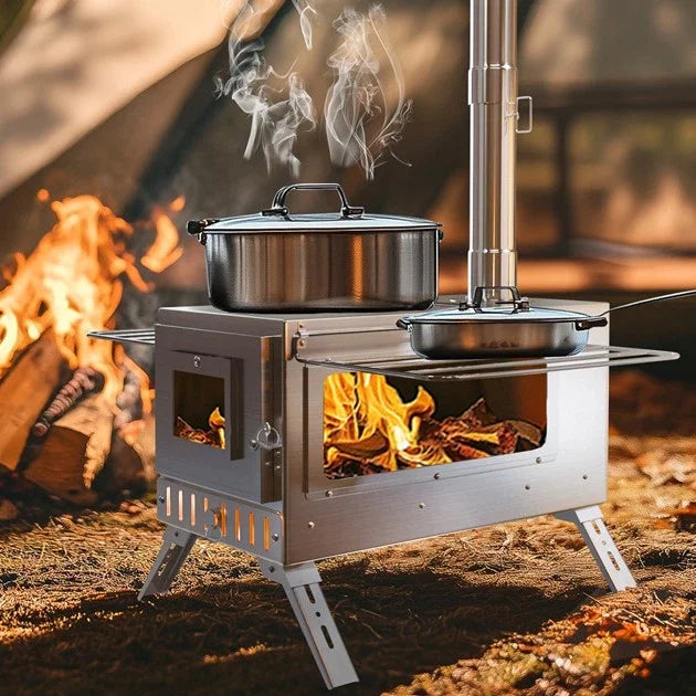 Portable Wood Burning Stove With Stainless Chimney Pipes Outdoor Cooking