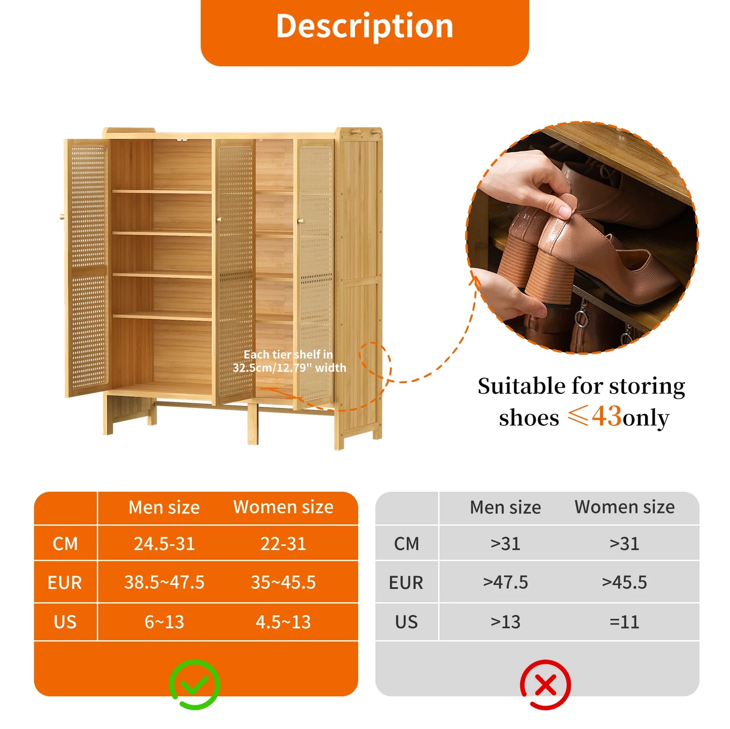 Wisfor Bamboo Shoes Rack Organizer Cabinet With Doors Six-Tier