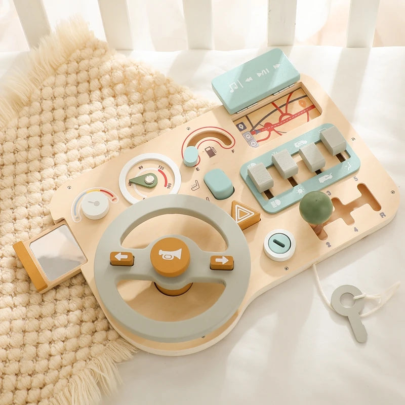 Montessori Baby Wooden Car Steering Wheel Activity Busy Board Education
