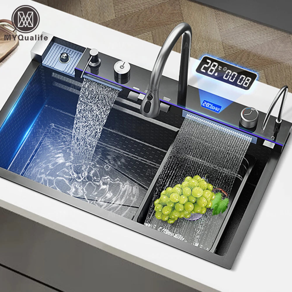 MYQualife 304 Stainless Steel Waterfall Kitchen Sink Digital Display Faucet