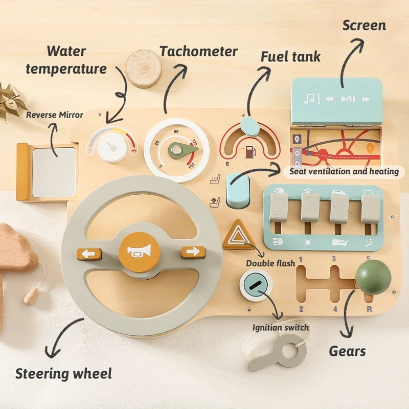 Montessori Baby Wooden Car Steering Wheel Activity Busy Board Education