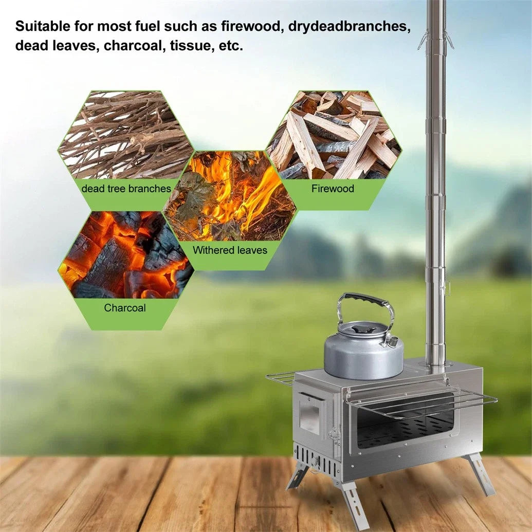 Portable Wood Burning Stove With Stainless Chimney Pipes Outdoor Cooking