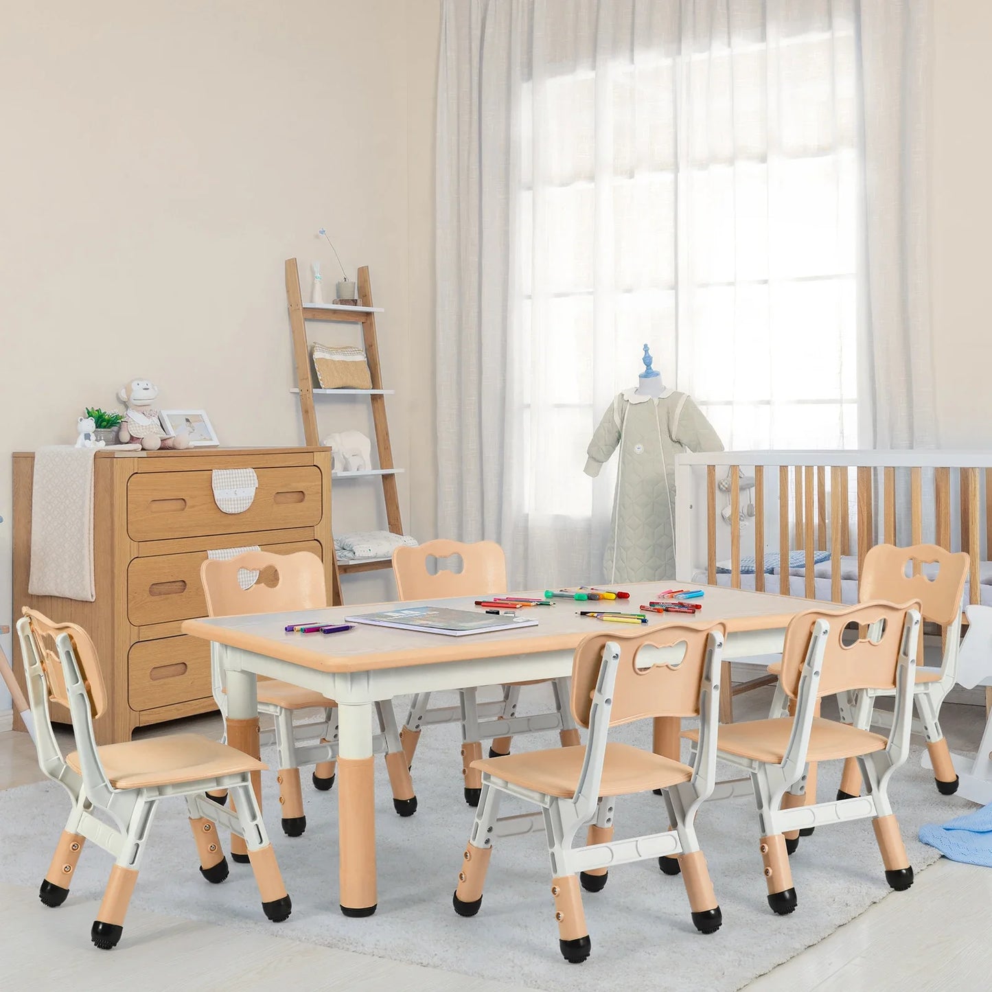 AuAg Kids Table 6 Chairs Set Height Adjustable Arts Desk