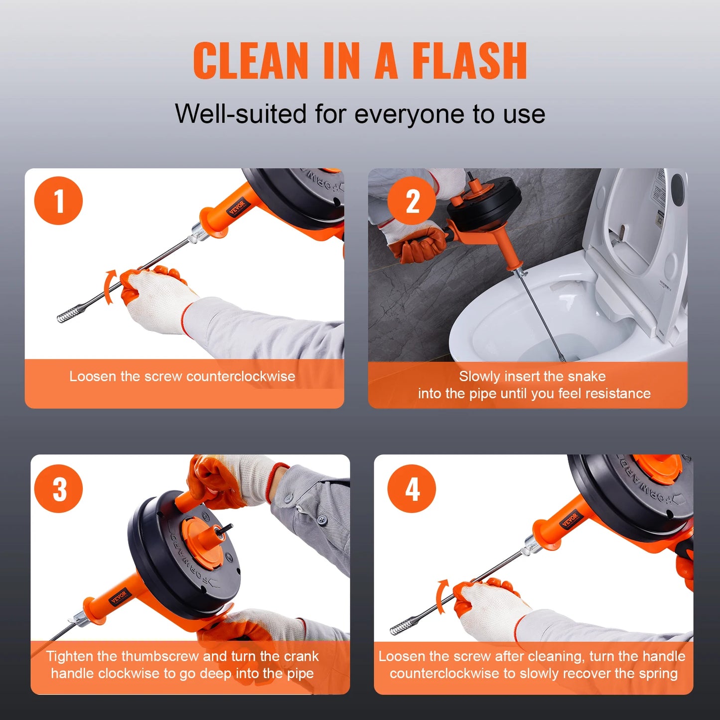 Drain Auger Manual Feeding Plumbing Snake With Drill Attachment