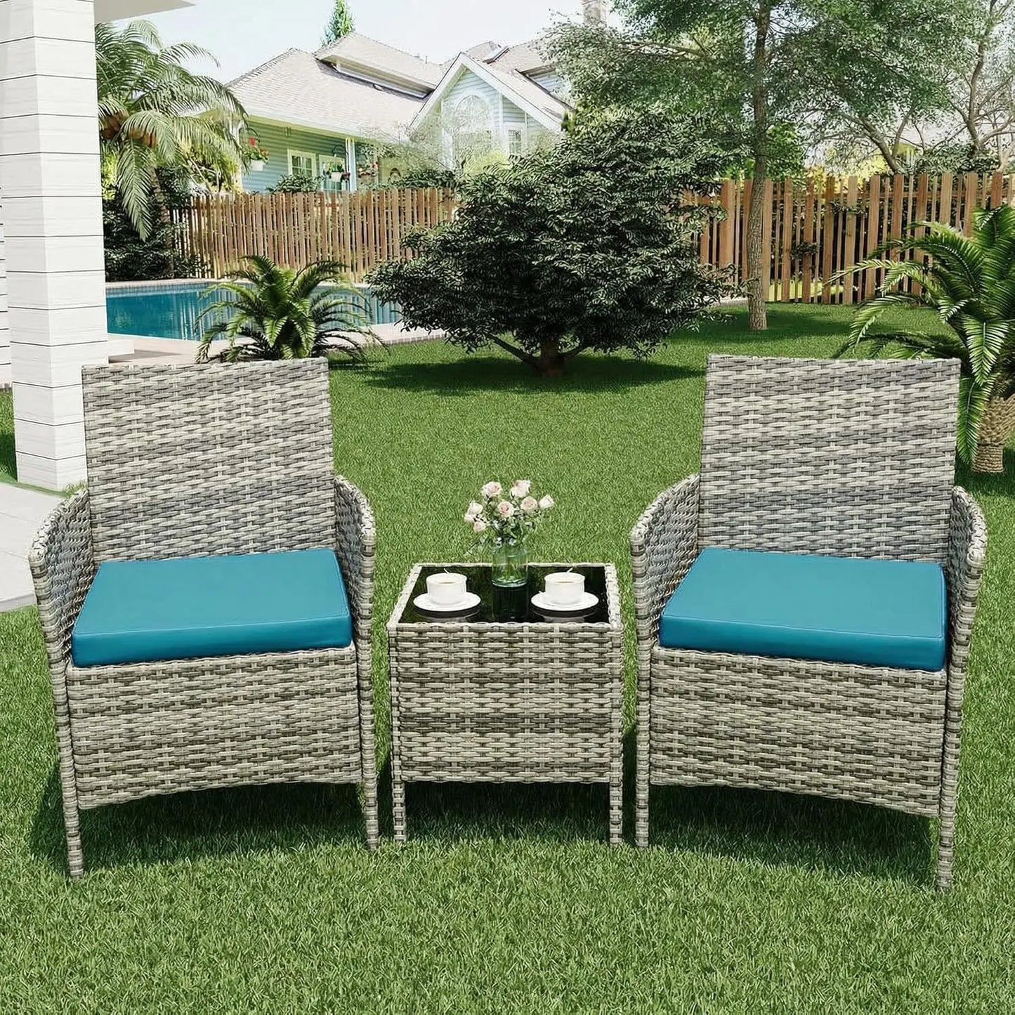 3-Piece Wicker Patio Sofa Set, All-Weather Rattan Conversation Set With Cushions & Glass Coffee Table For Garden, Porch, Lawn