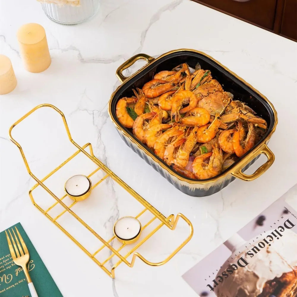 Ceramic Chafing Dishes Buffet Set 3 Piece With Gold Trim