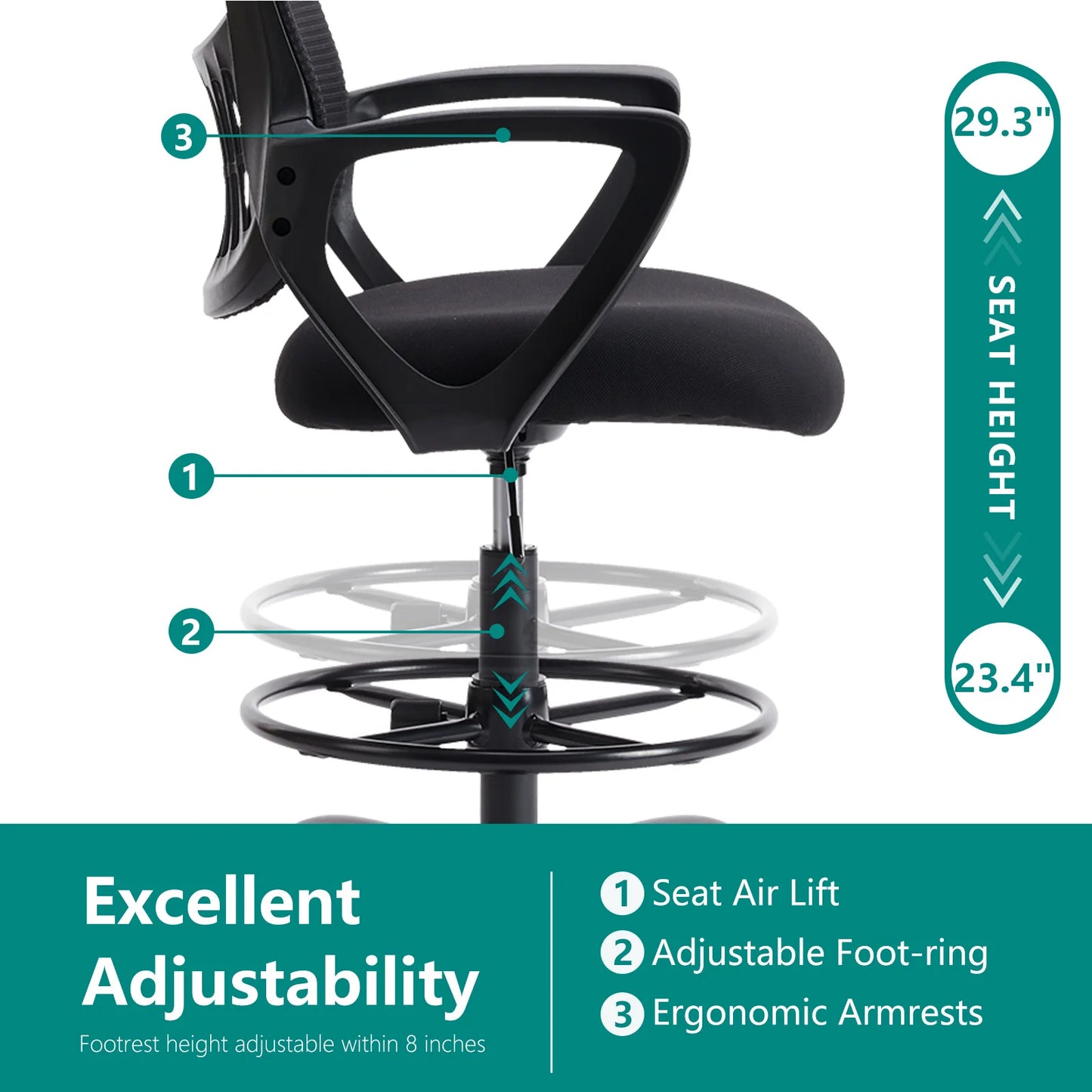 JHK Ergonomic Mesh Backrest Office Chair With Adjustable Height Wheels