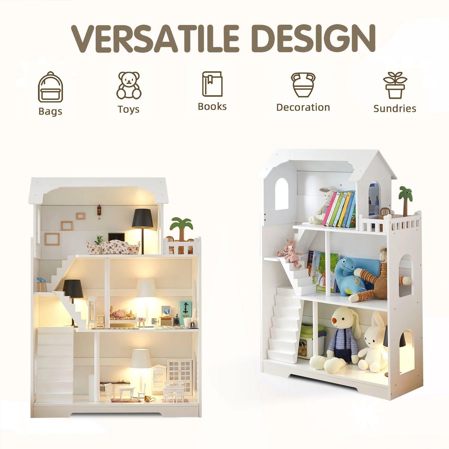 Wooden Dollhouse Bookshelf 3 Tier Toy Storage Organizer For Kids