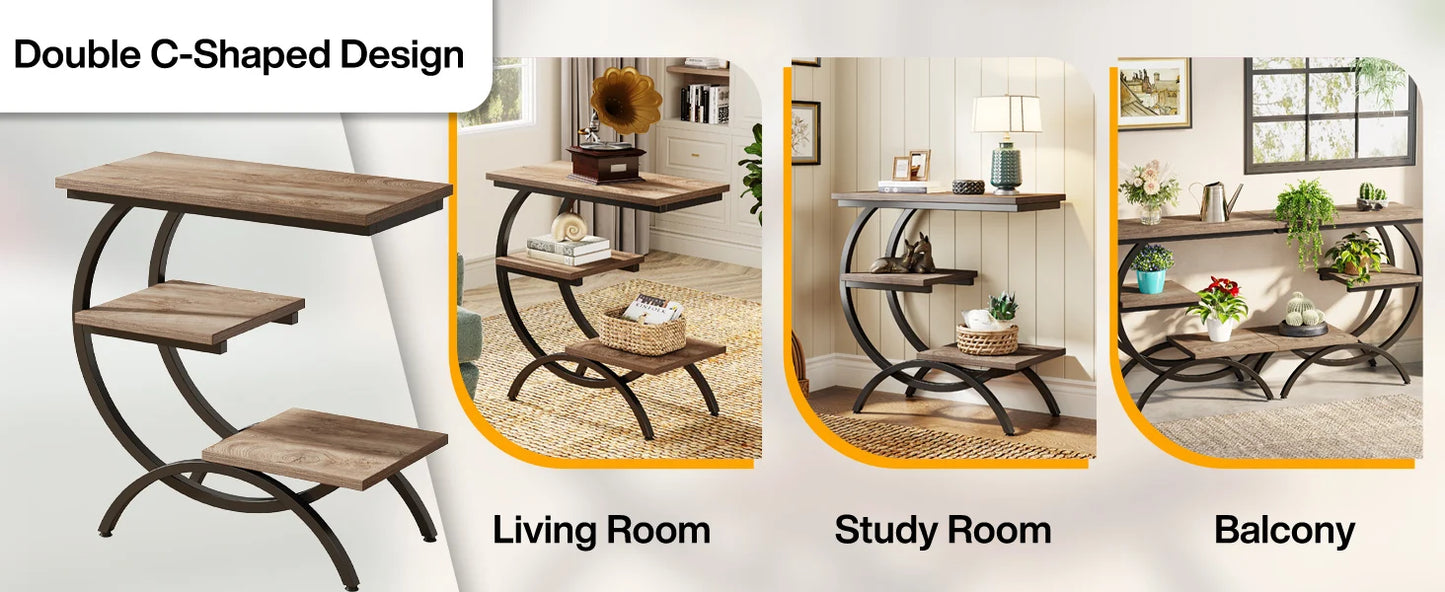 Tribesigns Industrial 3 Tier C Shaped End Table with Storage