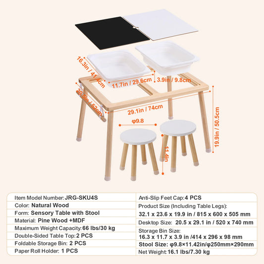 Wooden Sensory Table For Kids With Foldable Storage Bins And Double Sided Board
