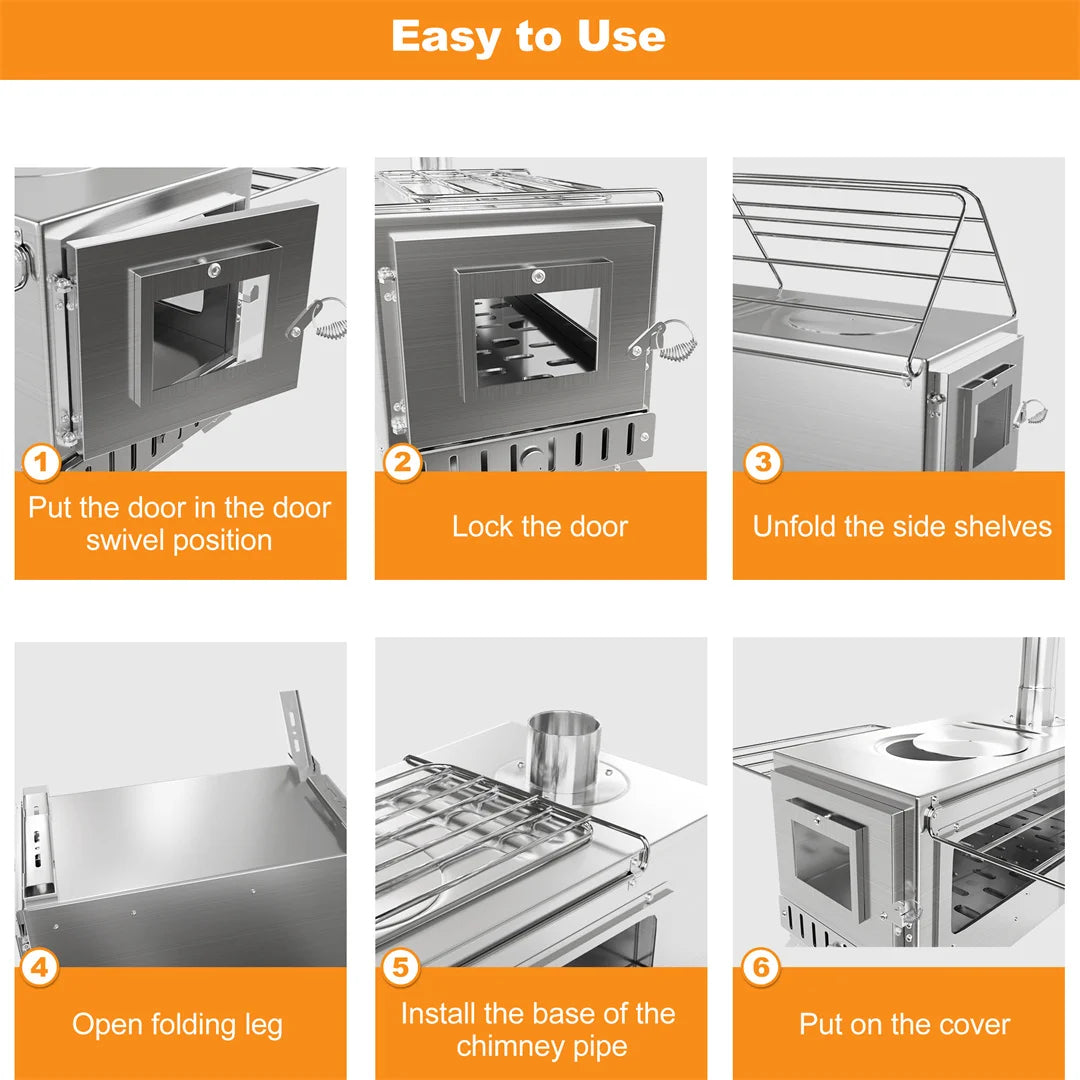Portable Wood Burning Stove With Stainless Chimney Pipes Outdoor Cooking