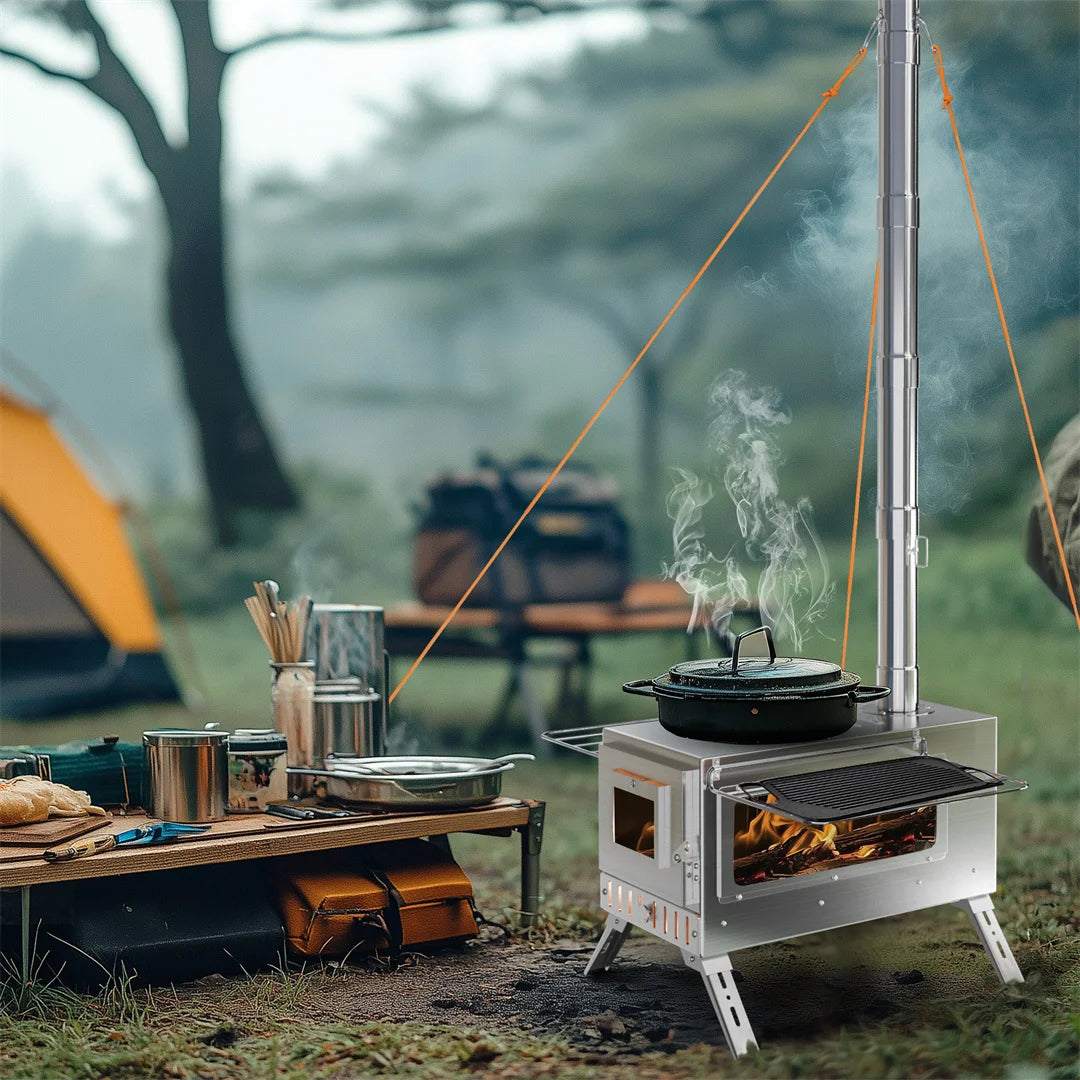 Portable Wood Burning Stove With Stainless Chimney Pipes Outdoor Cooking