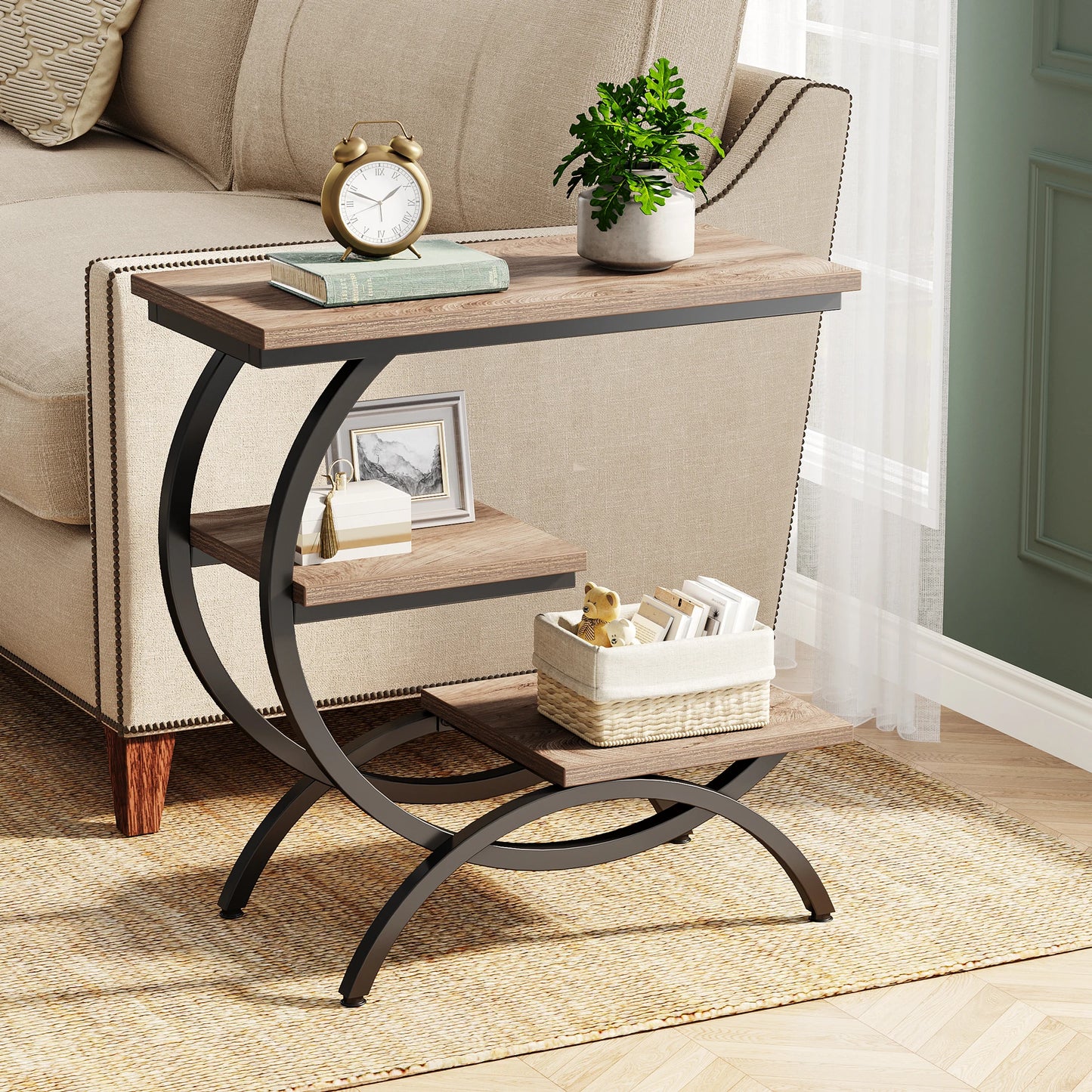 Tribesigns Industrial 3 Tier C Shaped End Table with Storage