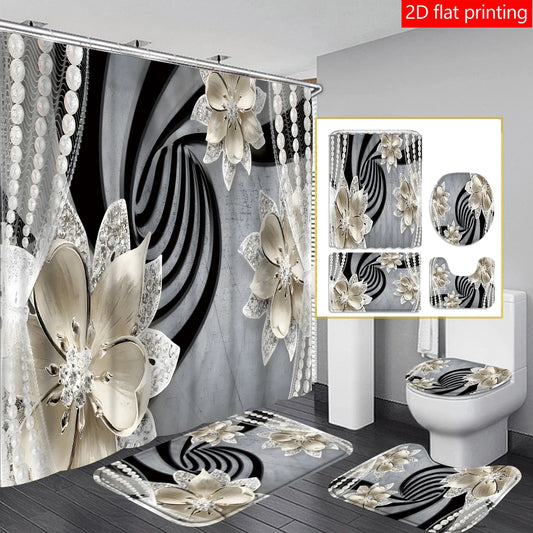 Diamond Flower Shower Curtain Decoration Set Polyester Waterproof Home Decor