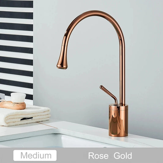 Brushed Golden Brass Art Basin Faucet Bathroom Washbasin Hot Cold Tap 360 Swivel Waterfall Gold Tall Model Mixer Deck Mounted