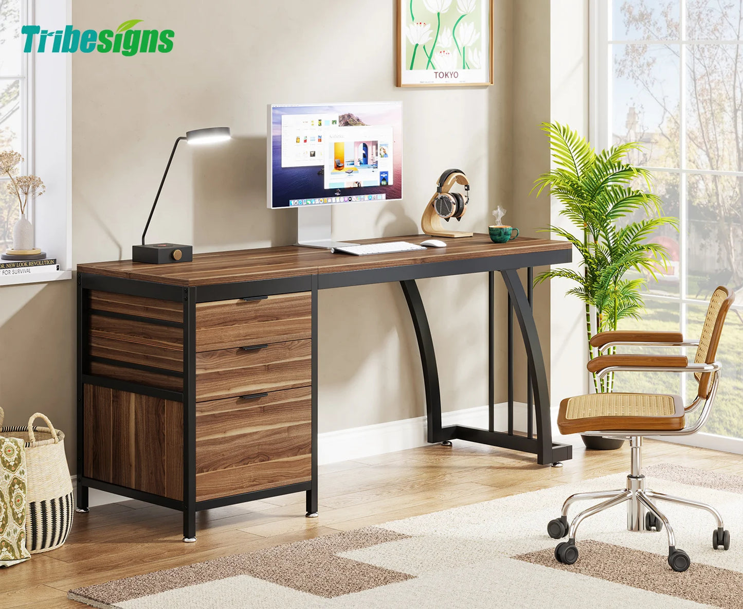 Tribesigns Industrial Computer Desk With 3 Drawers And Reversible Setup