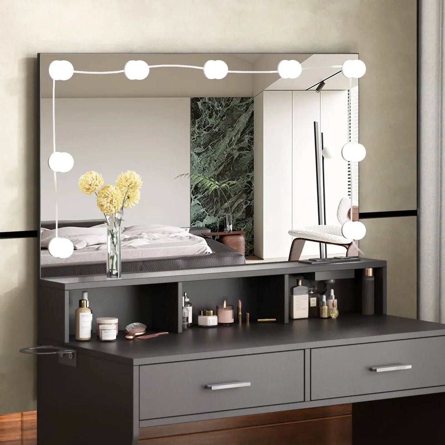 Vabches Vanity Desk With Lights Mirror And Power Outlet 2Drawer