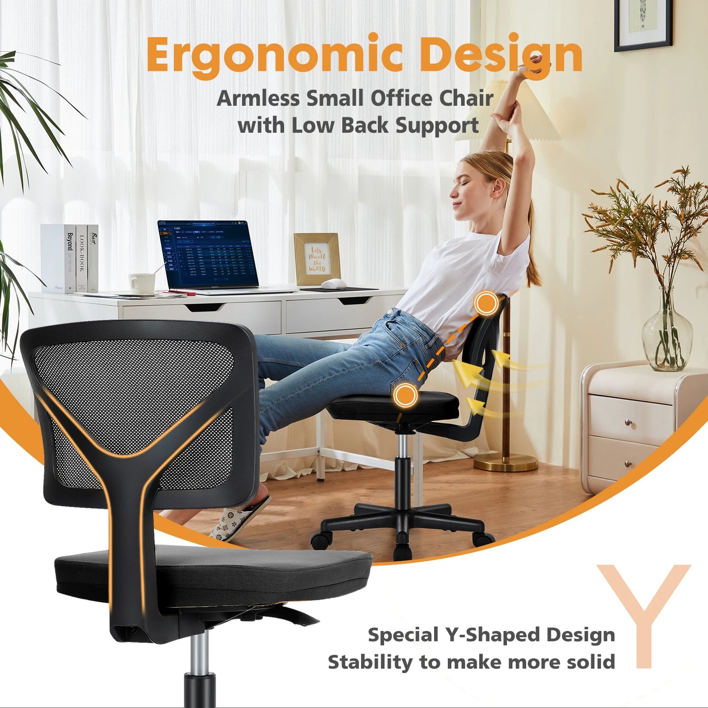 JHK Mesh Lumbar Support Armless Office Chair With Adjustable Height