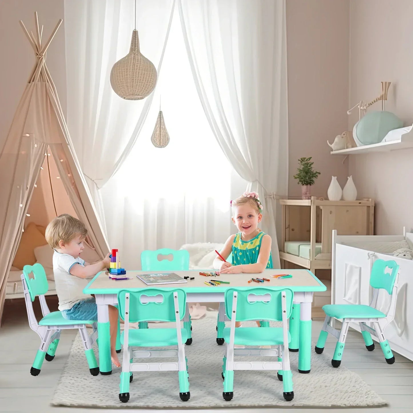 Rectangular Kids Table With 6 Chairs Set Height Adjustable