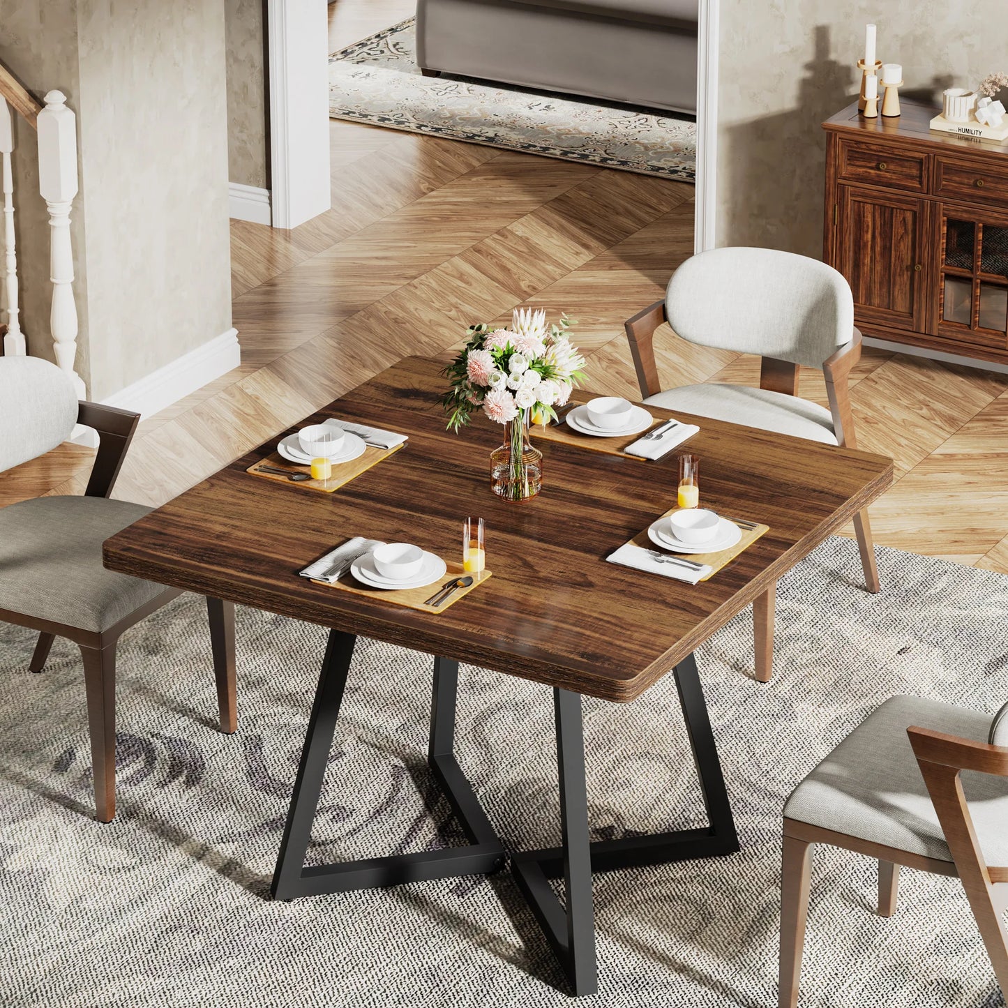 Tribesigns Square Dining Table For Four With Metal Base