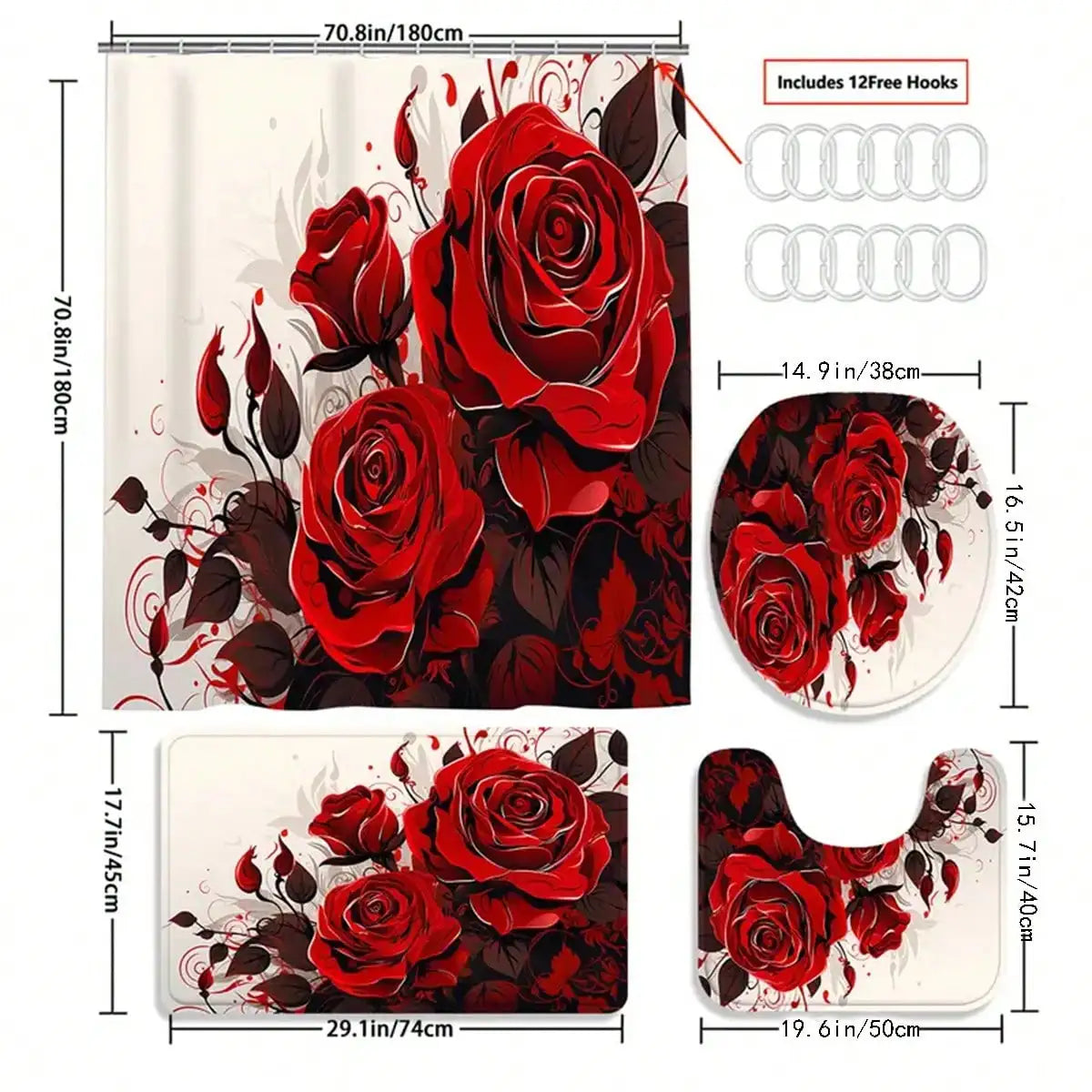 Rose Pattern Shower Curtain Set 3 Piece With Hooks Mat