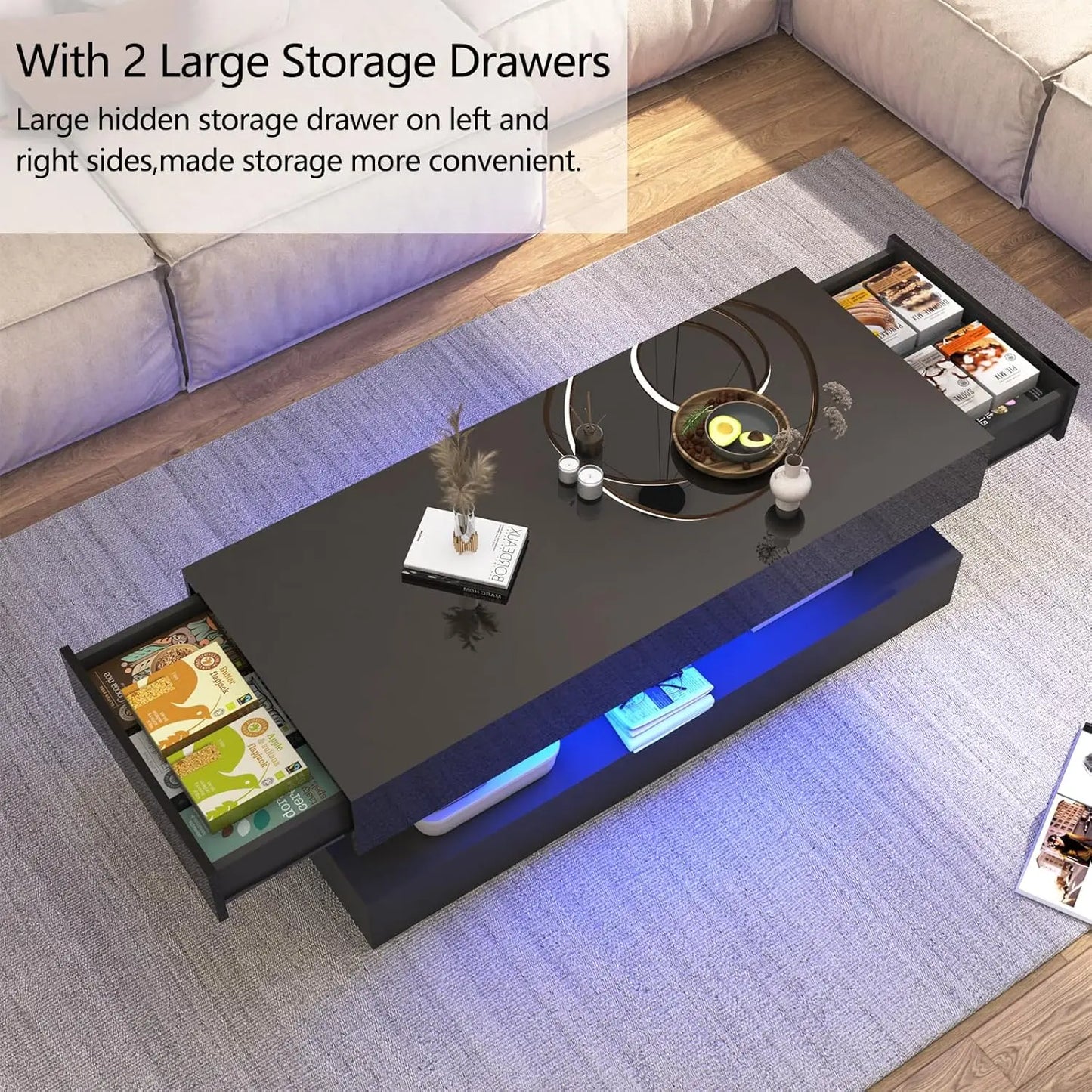 QiaoShiRen Modern LED Coffee Table With Double Drawers