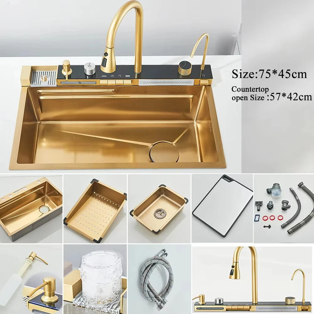 MYQualife 304 Stainless Steel Waterfall Kitchen Sink Digital Display Faucet