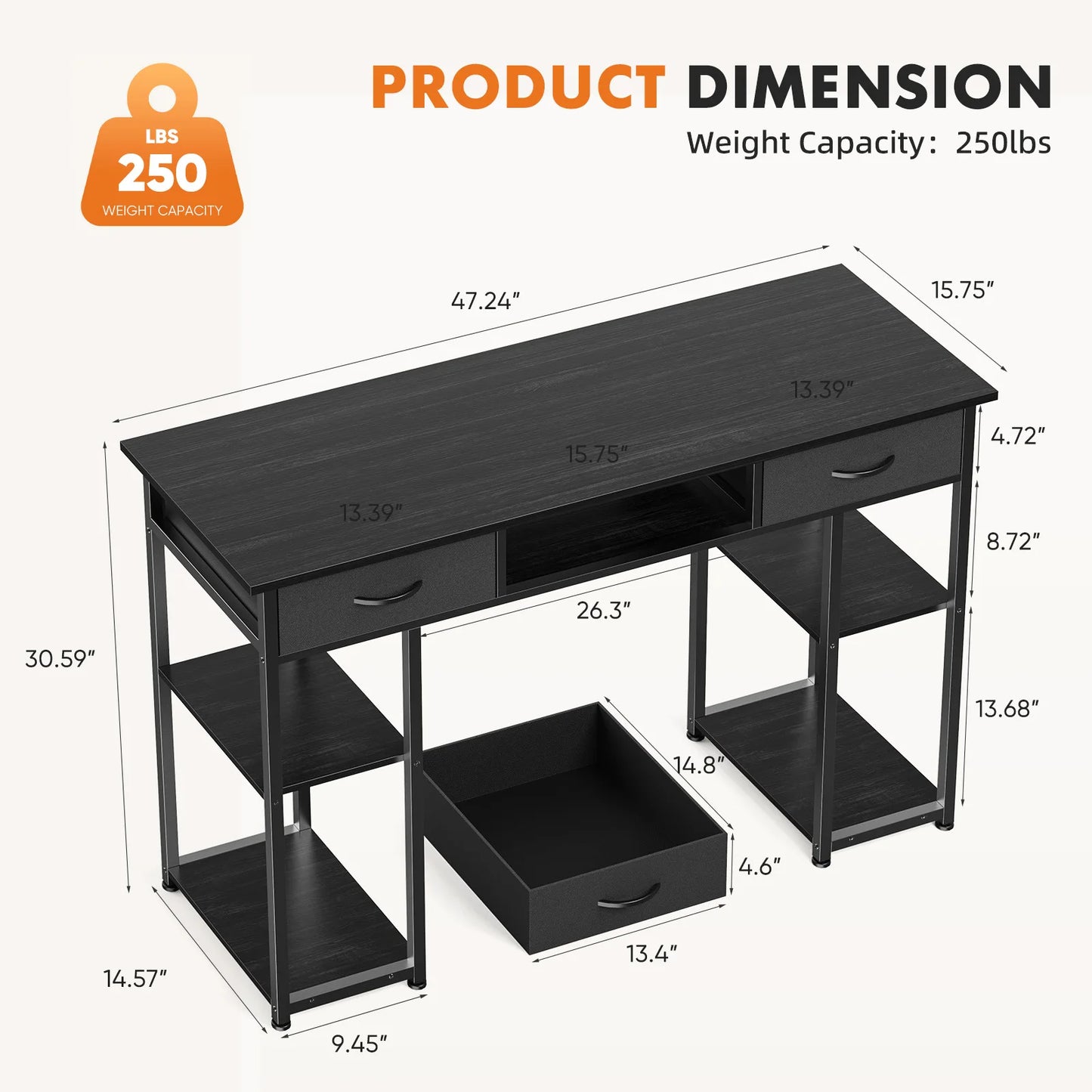 JHK Gaming Desk With Fabric Drawers Storage And Metal Frame