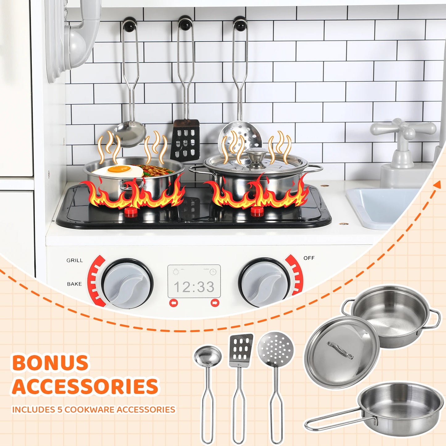 Wooden Kitchen Pretend Playset For Kids With Cookware